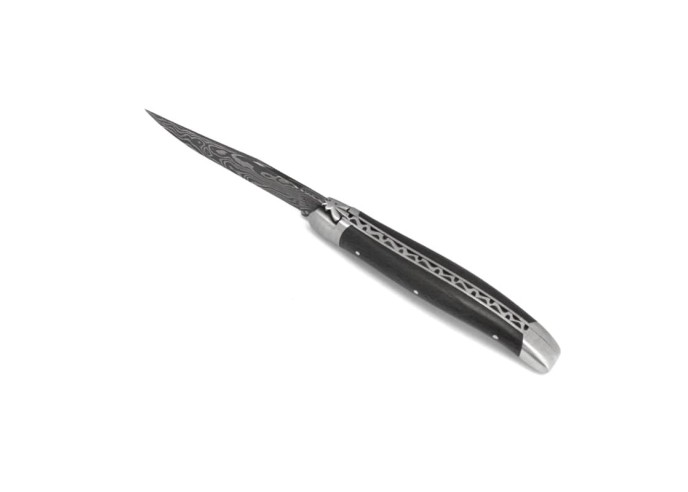 Laguiole 11cm, Damast Klinge, Heftbacken aus glänzendem Edelstahl, Wacholderholz