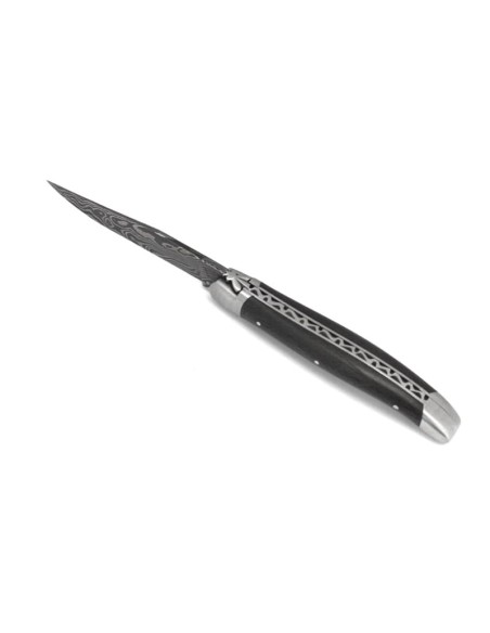 Laguiole 11cm, Damast Klinge, Heftbacken aus glänzendem Edelstahl, Wacholderholz