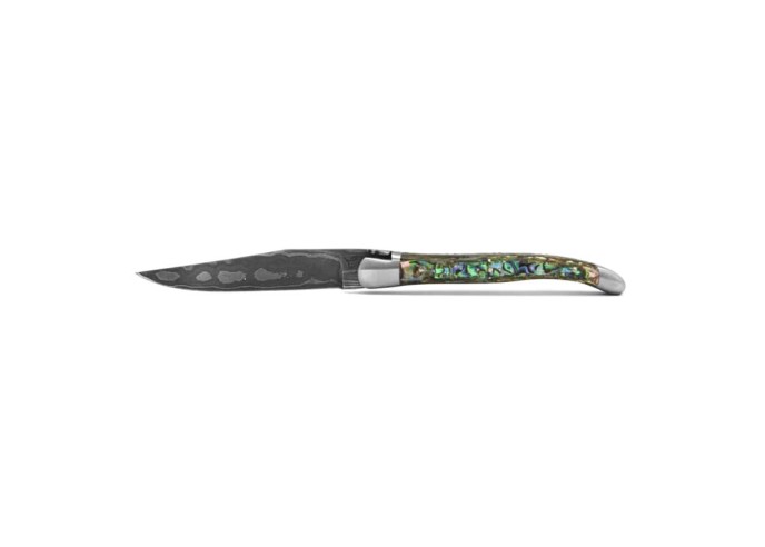 Laguiole pliant, 11 cm, abeille forgée, lame seule, acier Damas, mitres inox mat, manche en abalone
