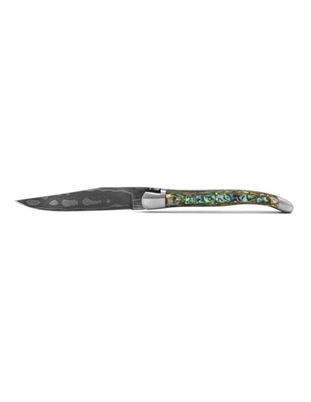 Laguiole pocket knife, 11 cm, forged bee, Damascus steel blade, abalone handle with matt bolsters
