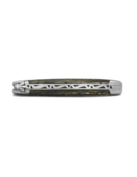 Laguiole 11cm, Damast Klinge, Heftbacken aus mattem Edelstahl, Griff aus Seeohren