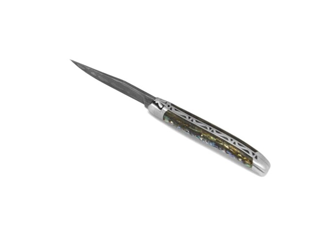 Laguiole pocket knife, 11 cm, forged bee, Damascus steel blade, abalone handle with matt bolsters