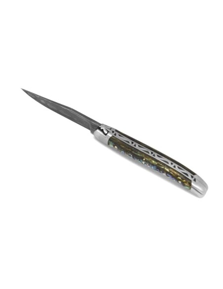 Laguiole pocket knife, 11 cm, forged bee, Damascus steel blade, abalone handle with matt bolsters