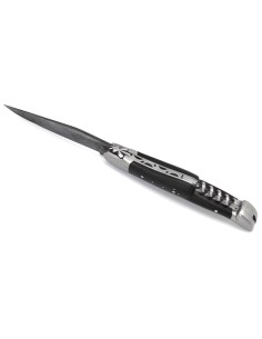 Laguiole pliant 12 cm, acier Damas, lame & tire-bouchon & poinçon, abeille forgée, manche bois d'ébène avec finition inox mat