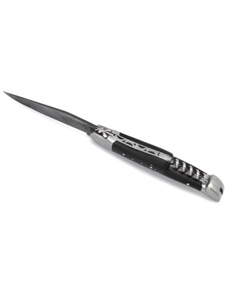 Laguiole 12cm, Damast Klinge und Korkenzieher und Dorn, Heftbacken aus mattem Edelstahl, Ebenholz