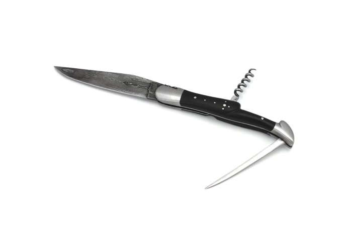 Laguiole pliant 12 cm, acier Damas, lame & tire-bouchon & poinçon, abeille forgée, manche bois d'ébène avec finition inox mat