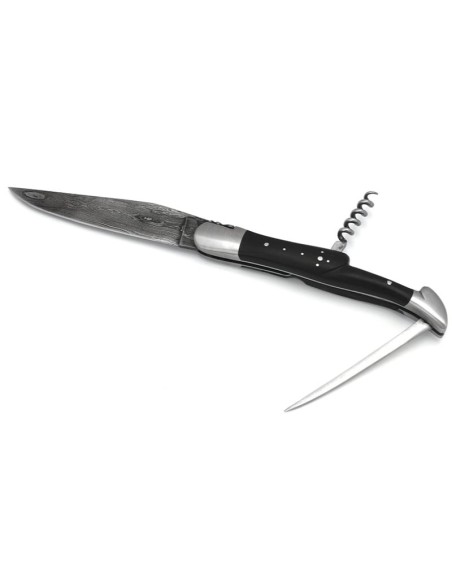 Laguiole pocket knife, 12 cm, forged bee, Damascus steel blade, awl and corkscrew, ebony wood handle with matt bolsters