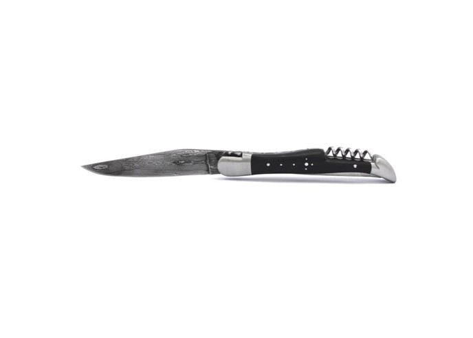 Laguiole 12cm, Damast Klinge und Korkenzieher und Dorn, Heftbacken aus mattem Edelstahl, Ebenholz