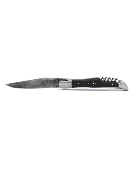Laguiole pocket knife, 12 cm, forged bee, Damascus steel blade, awl and corkscrew, ebony wood handle with matt bolsters