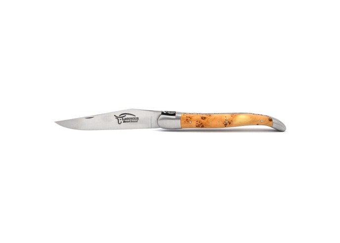 Laguiole pliant, 12 cm, abeille et ressort burin, lame seule, doubles platines,  mitres inox mat, manche genévrier
