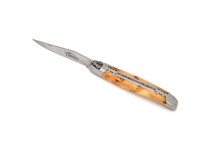 Laguiole pocket knife, 12 cm, chiseled bee and spring with double plates,  juniper handle with matt bolsters