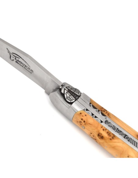 Laguiole pliant, 12 cm, abeille et ressort burin, lame seule, doubles platines,  mitres inox mat, manche genévrier
