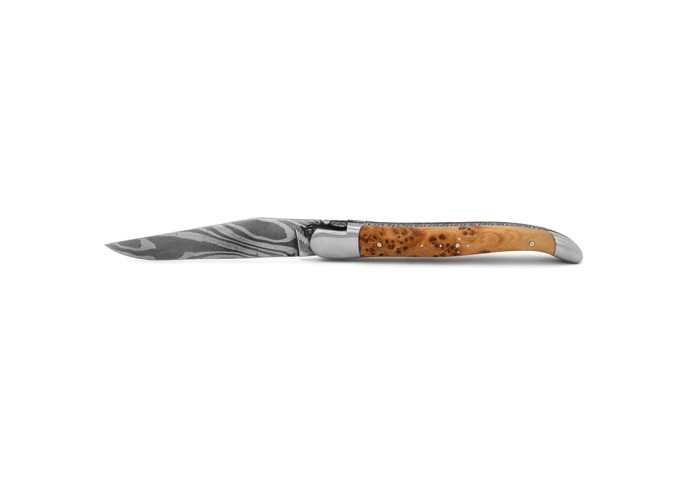 Laguiole 12cm, Damast Klinge, Biene und Feder mit Meißel handziseliert, Wacholderholz