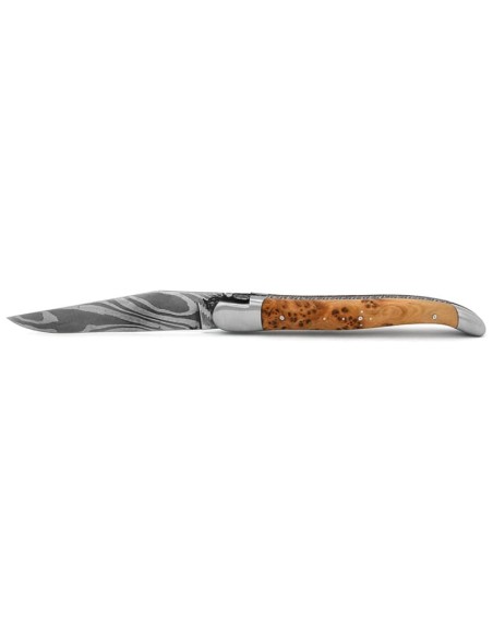 Laguiole pliant, 12 cm, lame Damas sauvage, abeille et ressort ciselés burin, manche en genévrier