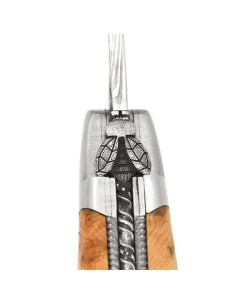 Laguiole 12cm, Damast Klinge, Biene und Feder mit Meißel handziseliert, Wacholderholz