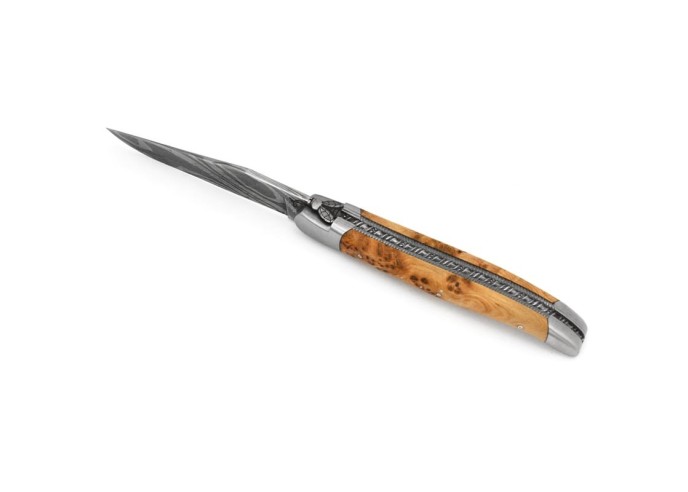 Laguiole pocket knife, 12 cm, bee and spring chiseled with file, Damascus steel blade, juniper wood handle