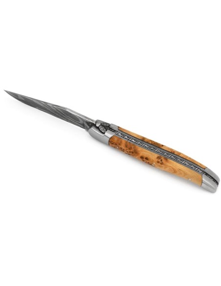 Laguiole 12cm, Damast Klinge, Biene und Feder mit Meißel handziseliert, Wacholderholz