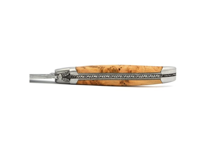 Laguiole pocket knife, 12 cm, bee and spring chiseled with file, Damascus steel blade, juniper wood handle