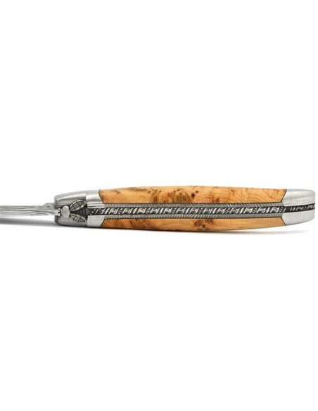 Laguiole 12cm, Damast Klinge, Biene und Feder mit Meißel handziseliert, Wacholderholz
