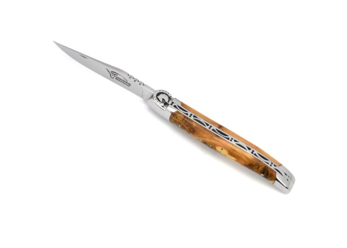 Laguiole pliant, 12 cm, équitation, lame seule, mitres inox brillantes, manche en genévrier