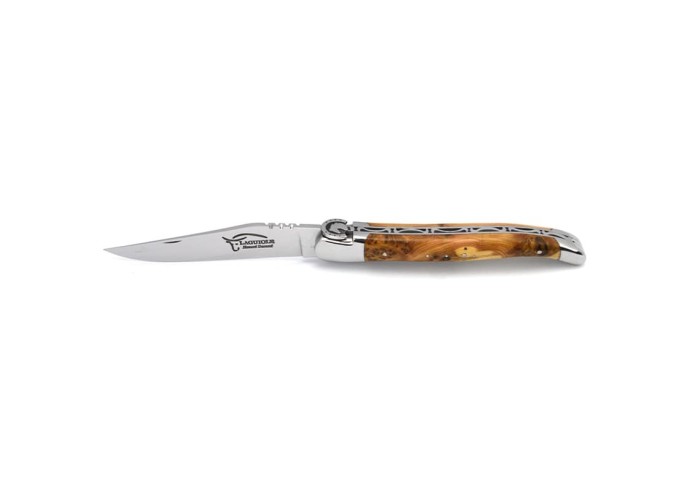 Laguiole Klappmesser, 12cm, Reitmuster, Heftbacken aus glänzendem Edelstahl, Griff aus Wacholderholz
