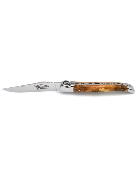 Laguiole Klappmesser, 12cm, Reitmuster, Heftbacken aus glänzendem Edelstahl, Griff aus Wacholderholz