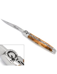 Laguiole pliant, 12 cm, équitation, lame seule, mitres inox brillantes, manche en genévrier