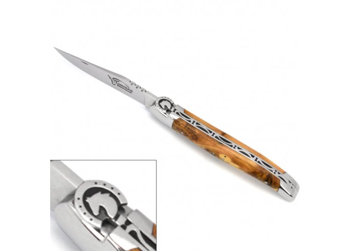 Laguiole pocket knife, 12 cm, riding pattern, juniper handle with shiny  bolsters