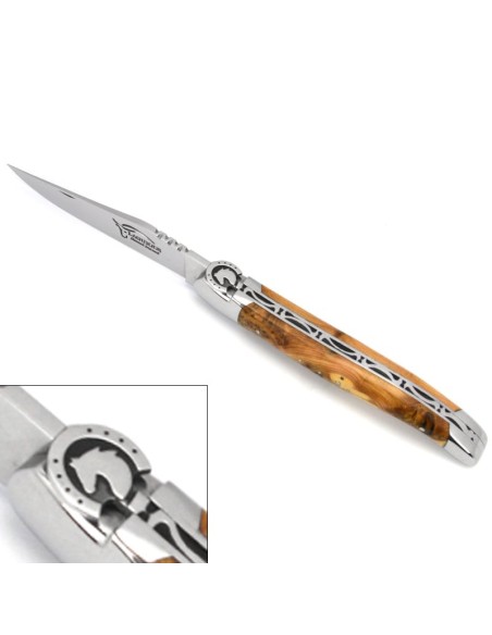 Laguiole pliant, 12 cm, équitation, lame seule, mitres inox brillantes, manche en genévrier