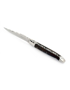 Laguiole pliant, 12 cm, abeille forgée, lame seule, mitres inox brillant, manche en pointe de corne (foncée)