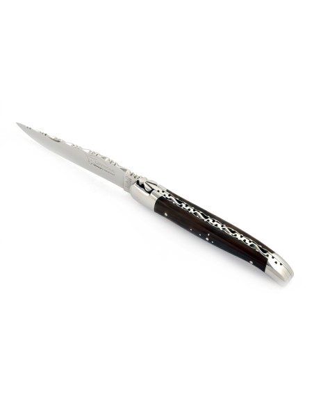 Laguiole pliant, 12 cm, abeille forgée, lame seule, mitres inox brillant, manche en pointe de corne (foncée)