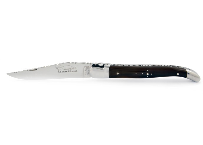Laguiole pliant, 12 cm, abeille forgée, lame seule, mitres inox brillant, manche en pointe de corne (foncée)