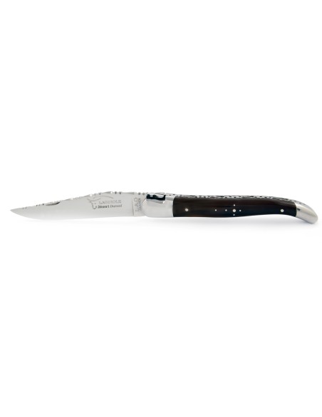 Laguiole pliant, 12 cm, abeille forgée, lame seule, mitres inox brillant, manche en pointe de corne (foncée)