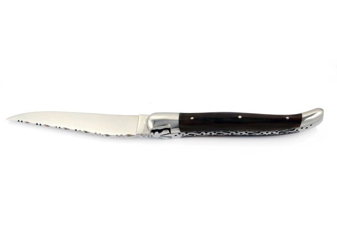 Laguiole pliant, 12 cm, abeille forgée, lame seule, mitres inox brillant, manche en pointe de corne (foncée)