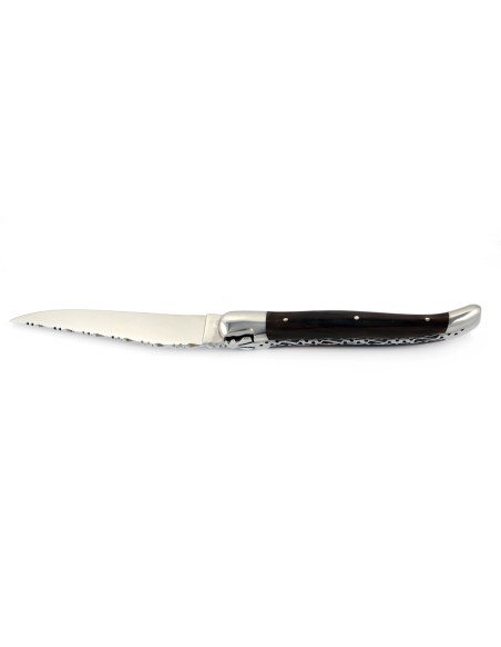 Laguiole pliant, 12 cm, abeille forgée, lame seule, mitres inox brillant, manche en pointe de corne (foncée)
