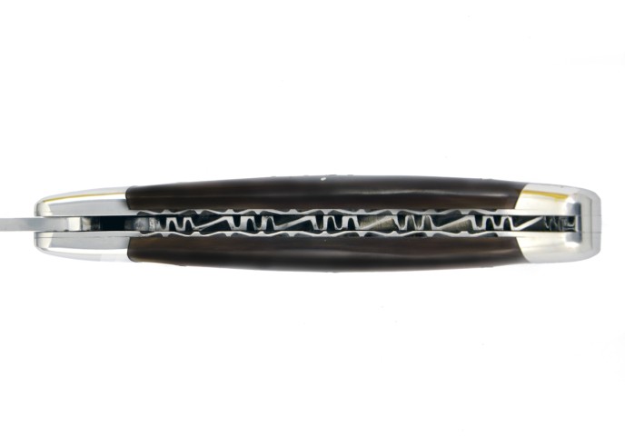 Laguiole pliant, 12 cm, abeille forgée, lame seule, mitres inox brillant, manche en pointe de corne (foncée)