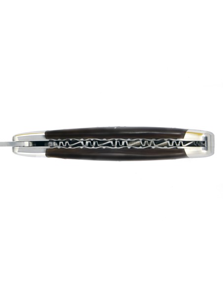 Laguiole pliant, 12 cm, abeille forgée, lame seule, mitres inox brillant, manche en pointe de corne (foncée)