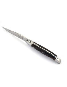 Laguiole pliant, 12 cm, abeille forgée, lame seule, mitres inox mat, manche en pointe de corne (foncée)