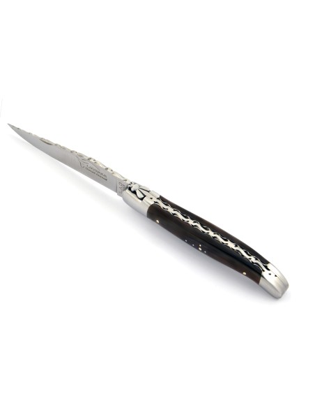 Laguiole pliant, 12 cm, abeille forgée, lame seule, mitres inox mat, manche en pointe de corne (foncée)