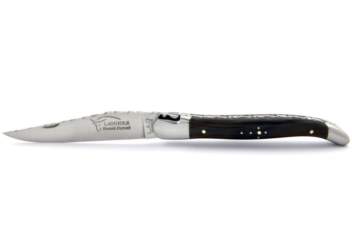 Laguiole pliant, 12 cm, abeille forgée, lame seule, mitres inox mat, manche en pointe de corne (foncée)