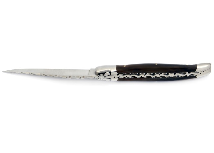Laguiole pliant, 12 cm, abeille forgée, lame seule, mitres inox mat, manche en pointe de corne (foncée)