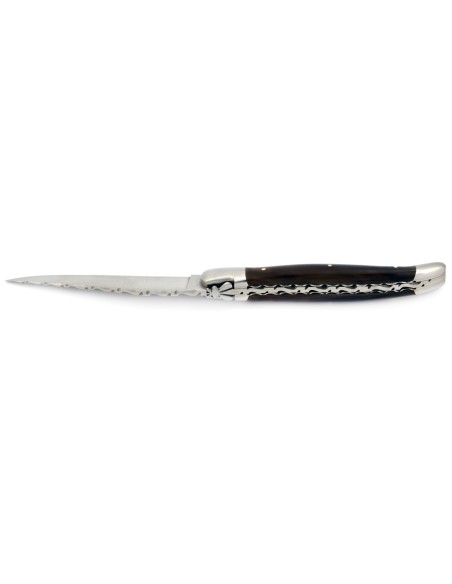 Laguiole pliant, 12 cm, abeille forgée, lame seule, mitres inox mat, manche en pointe de corne (foncée)