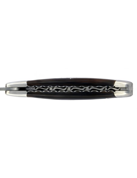 Laguiole pliant, 12 cm, abeille forgée, lame seule, mitres inox mat, manche en pointe de corne (foncée)