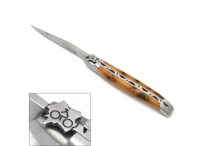Laguiole Klappmesser, 12cm, Radfahren, Heftbacken aus mattem Edelstahl, Griff aus Wacholderholz