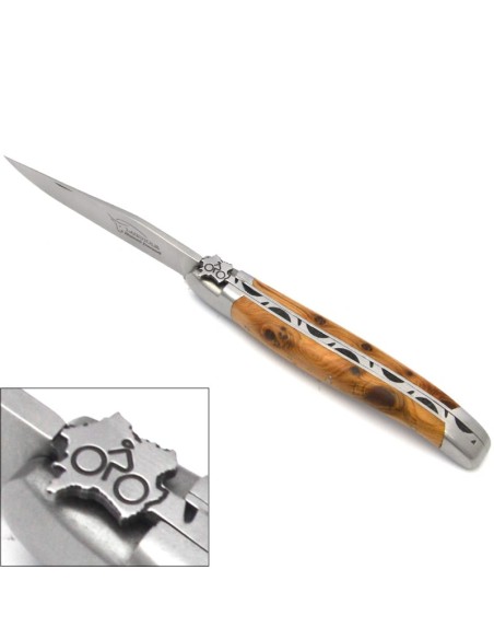 Laguiole pliant, 12 cm, cyclisme, mitres inox mat, manche en genévrier