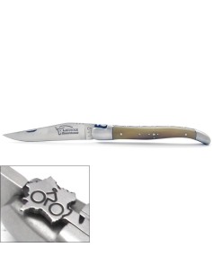 Laguiole pliant, 12 cm, cyclisme, mitres inox brillant, manche en pointe de corne claire