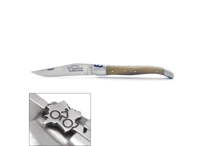 Laguiole pliant, 12 cm, cyclisme, mitres inox brillant, manche en pointe de corne claire