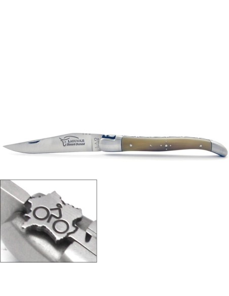 Laguiole pliant, 12 cm, cyclisme, mitres inox brillant, manche en pointe de corne claire