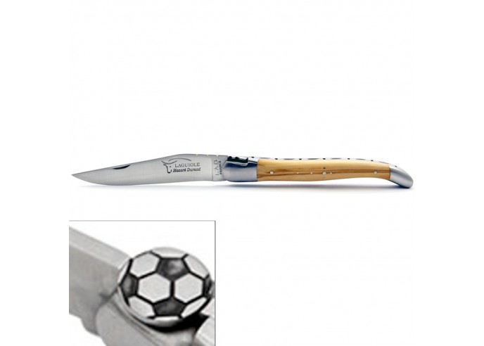 Laguiole pocket knife, 12 cm, football pattern, olive wood handle with matt bolsters
