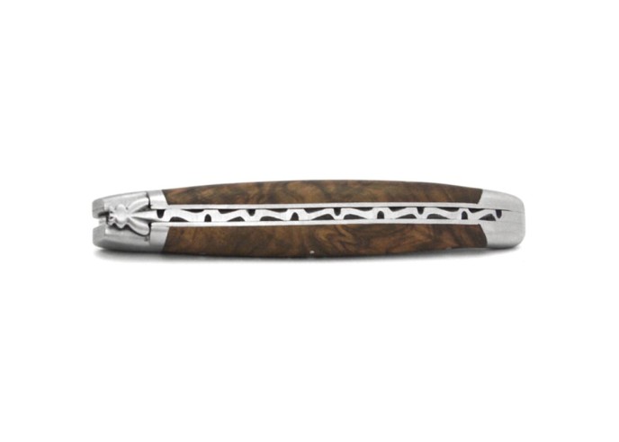 Laguiole 11cm, Damast Klinge, Heftbacken aus mattem Edelstahl,   Griff aus Walnuss Maser